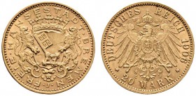 Deutsche Münzen und Medaillen ab 1871 
 Reichsgoldmünzen 
 Bremen 
 20 Mark 1906 J. J. 205.
 minimaler Randfehler, vorzüglich
