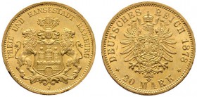 Deutsche Münzen und Medaillen ab 1871 
 Reichsgoldmünzen 
 Hamburg 
 20 Mark 1878 J. J. 210.
 minimale Kratzer und Randunebenheiten, fast Stempelg...