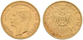 Deutsche Münzen und Medaillen ab 1871 
 Reichsgoldmünzen 
 Hessen 
 Ernst Ludwig 1892-1918 
 20 Mark 1903 A. J. 225.
 minimale Kratzer, sehr schö...