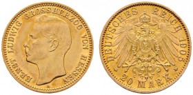 Deutsche Münzen und Medaillen ab 1871 
 Reichsgoldmünzen 
 Hessen 
 Ernst Ludwig 1892-1918 
 20 Mark 1905 A. J. 226.
 kleiner Randfehler, vorzügl...