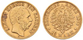 Deutsche Münzen und Medaillen ab 1871 
 Reichsgoldmünzen 
 Sachsen 
 Albert 1873-1902 
 10 Mark 1879 E. J. 261.
 sehr schön