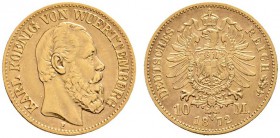 Deutsche Münzen und Medaillen ab 1871 
 Reichsgoldmünzen 
 Württemberg 
 Karl 1864-1891 
 10 Mark 1872 F. J. 289.
 kleiner Kratzer auf dem Avers,...