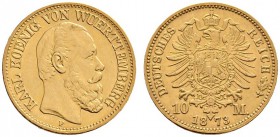 Deutsche Münzen und Medaillen ab 1871 
 Reichsgoldmünzen 
 Württemberg 
 Karl 1864-1891 
 10 Mark 1873 F. J. 289.
 sehr schön-vorzüglich