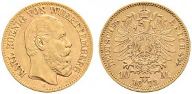 Deutsche Münzen und Medaillen ab 1871 
 Reichsgoldmünzen 
 Württemberg 
 Karl 1864-1891 
 10 Mark 1873 F. J. 289.
 minimaler Randfehler, gutes se...