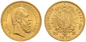 Deutsche Münzen und Medaillen ab 1871 
 Reichsgoldmünzen 
 Württemberg 
 Karl 1864-1891 
 20 Mark 1872 F. J. 290.
 selten in dieser Erhaltung, wi...