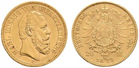Deutsche Münzen und Medaillen ab 1871 
 Reichsgoldmünzen 
 Württemberg 
 Karl 1864-1891 
 20 Mark 1873 F. J. 290.
 kleine Randfehler, gutes sehr ...
