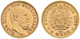 Deutsche Münzen und Medaillen ab 1871 
 Reichsgoldmünzen 
 Württemberg 
 Karl 1864-1891 
 5 Mark 1877 F. J. 291.
 kleine Kratzer auf dem Avers, v...