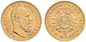 Deutsche Münzen und Medaillen ab 1871 
 Reichsgoldmünzen 
 Württemberg 
 Karl 1864-1891 
 5 Mark 1877 F. J. 291.
 winzige Kratzer, vorzüglich-Ste...