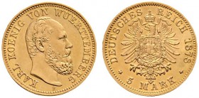 Deutsche Münzen und Medaillen ab 1871 
 Reichsgoldmünzen 
 Württemberg 
 Karl 1864-1891 
 5 Mark 1878 F. J. 291.
 seltenes Prachtexemplar, vorzüg...