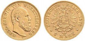 Deutsche Münzen und Medaillen ab 1871 
 Reichsgoldmünzen 
 Württemberg 
 Karl 1864-1891 
 5 Mark 1878 F. J. 291.
 fast vorzüglich