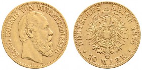 Deutsche Münzen und Medaillen ab 1871 
 Reichsgoldmünzen 
 Württemberg 
 Karl 1864-1891 
 10 Mark 1874 F. J. 292.
 fast sehr schön
