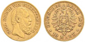 Deutsche Münzen und Medaillen ab 1871 
 Reichsgoldmünzen 
 Württemberg 
 Karl 1864-1891 
 10 Mark 1875 F. J. 292.
 kleiner Randfehler, sehr schön...