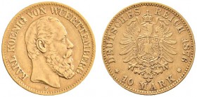 Deutsche Münzen und Medaillen ab 1871 
 Reichsgoldmünzen 
 Württemberg 
 Karl 1864-1891 
 10 Mark 1876 F. J. 292.
 sehr schön
