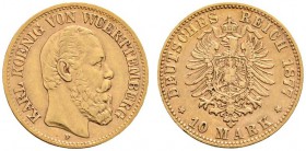 Deutsche Münzen und Medaillen ab 1871 
 Reichsgoldmünzen 
 Württemberg 
 Karl 1864-1891 
 10 Mark 1877 F. J. 292.
 sehr schön