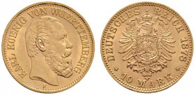 Deutsche Münzen und Medaillen ab 1871 
 Reichsgoldmünzen 
 Württemberg 
 Karl 1864-1891 
 10 Mark 1878 F. J. 292.
 selten in dieser Erhaltung, vo...