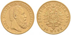 Deutsche Münzen und Medaillen ab 1871 
 Reichsgoldmünzen 
 Württemberg 
 Karl 1864-1891 
 10 Mark 1878 F. J. 292.
 gutes sehr schön