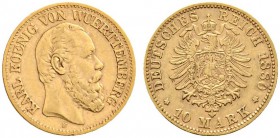 Deutsche Münzen und Medaillen ab 1871 
 Reichsgoldmünzen 
 Württemberg 
 Karl 1864-1891 
 10 Mark 1880 F. J. 292.
 sehr schön