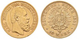 Deutsche Münzen und Medaillen ab 1871 
 Reichsgoldmünzen 
 Württemberg 
 Karl 1864-1891 
 10 Mark 1881 F. J. 292.
 seltener Jahrgang, sehr schön...