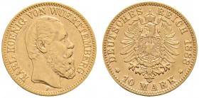 Deutsche Münzen und Medaillen ab 1871 
 Reichsgoldmünzen 
 Württemberg 
 Karl 1864-1891 
 10 Mark 1888 F. J. 292.
 sehr schön-vorzüglich