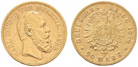 Deutsche Münzen und Medaillen ab 1871 
 Reichsgoldmünzen 
 Württemberg 
 Karl 1864-1891 
 20 Mark 1874 F. J. 293.
 kleine Kratzer, gutes sehr sch...