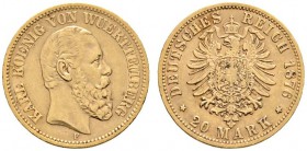 Deutsche Münzen und Medaillen ab 1871 
 Reichsgoldmünzen 
 Württemberg 
 Karl 1864-1891 
 20 Mark 1876 F. J. 293.
 sehr schön