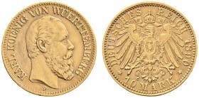 Deutsche Münzen und Medaillen ab 1871 
 Reichsgoldmünzen 
 Württemberg 
 Karl 1864-1891 
 10 Mark 1890 F. J. 294.
 leichte Schürfkratzer auf dem ...