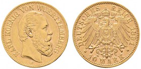 Deutsche Münzen und Medaillen ab 1871 
 Reichsgoldmünzen 
 Württemberg 
 Karl 1864-1891 
 10 Mark 1891 F. J. 294.
 vorzüglich Die letzte unter Kö...