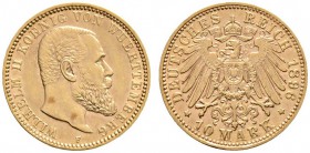 Deutsche Münzen und Medaillen ab 1871 
 Reichsgoldmünzen 
 Württemberg 
 Wilhelm II. 1891-1918 
 10 Mark 1896 F. J. 295.
 vorzüglich/sehr schön-v...