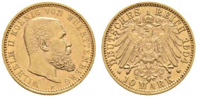 Deutsche Münzen und Medaillen ab 1871 
 Reichsgoldmünzen 
 Württemberg 
 Wilhelm II. 1891-1918 
 10 Mark 1904 F. J. 295.
 minimale Randfehler, fa...