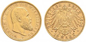 Deutsche Münzen und Medaillen ab 1871 
 Reichsgoldmünzen 
 Württemberg 
 Wilhelm II. 1891-1918 
 10 Mark 1905 F. J. 295.
 sehr schön-vorzüglich...