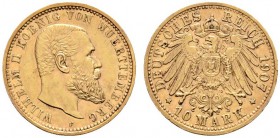 Deutsche Münzen und Medaillen ab 1871 
 Reichsgoldmünzen 
 Württemberg 
 Wilhelm II. 1891-1918 
 10 Mark 1907 F. J. 295.
 winzige Randfehler, vor...