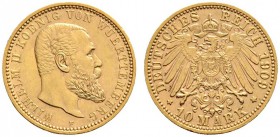 Deutsche Münzen und Medaillen ab 1871 
 Reichsgoldmünzen 
 Württemberg 
 Wilhelm II. 1891-1918 
 10 Mark 1909 F. J. 295.
 fast vorzüglich