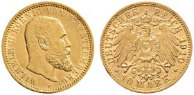 Deutsche Münzen und Medaillen ab 1871 
 Reichsgoldmünzen 
 Württemberg 
 Wilhelm II. 1891-1918 
 10 Mark 1910 F. J. 295.
 vorzüglich