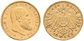 Deutsche Münzen und Medaillen ab 1871 
 Reichsgoldmünzen 
 Württemberg 
 Wilhelm II. 1891-1918 
 10 Mark 1912 F. J. 295.
 besserer Jahrgang, klei...