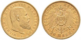 Deutsche Münzen und Medaillen ab 1871 
 Reichsgoldmünzen 
 Württemberg 
 Wilhelm II. 1891-1918 
 20 Mark 1894 F. J. 296.
 vorzüglich