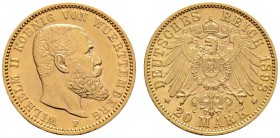 Deutsche Münzen und Medaillen ab 1871 
 Reichsgoldmünzen 
 Württemberg 
 Wilhelm II. 1891-1918 
 20 Mark 1898 F. J. 296.
 winzige Randfehler, vor...