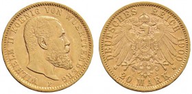 Deutsche Münzen und Medaillen ab 1871 
 Reichsgoldmünzen 
 Württemberg 
 Wilhelm II. 1891-1918 
 20 Mark 1900 F. J. 296.
 minimale Randfehler, se...