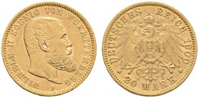Deutsche Münzen und Medaillen ab 1871 
 Reichsgoldmünzen 
 Württemberg 
 Wilhelm II. 1891-1918 
 20 Mark 1900 F. J. 296.
 minimale Kratzer, sehr ...