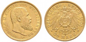 Deutsche Münzen und Medaillen ab 1871 
 Reichsgoldmünzen 
 Württemberg 
 Wilhelm II. 1891-1918 
 20 Mark 1905 F. J. 296.
 vorzüglich