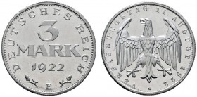Deutsche Münzen und Medaillen ab 1871 
 Weimarer Republik 
 3 Mark 1922 E. Aluminium. J. 303.
 Polierte Platte