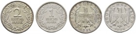 Deutsche Münzen und Medaillen ab 1871 
 Weimarer Republik 
 Lot (2 Stücke): 1 Reichsmark 1926 J und 2 Reichsmark 1931 G. J. 319, 320.
 beide selten...