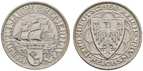 Deutsche Münzen und Medaillen ab 1871 
 Weimarer Republik 
 3 Reichsmark 1927 A. Bremerhaven. J. 325.
 vorzüglich