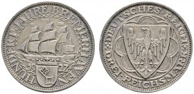 Deutsche Münzen und Medaillen ab 1871 
 Weimarer Republik 
 3 Reichsmark 1927 A. Bremerhaven. J. 325.
 fast vorzüglich