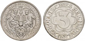 Deutsche Münzen und Medaillen ab 1871 
 Weimarer Republik 
 3 Reichsmark 1927 A. Nordhausen. J. 327.
 winzige Randunebenheiten, Polierte Platte