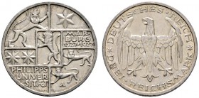 Deutsche Münzen und Medaillen ab 1871 
 Weimarer Republik 
 3 Reichsmark 1927 A. Uni Marburg. J. 330.
 vorzüglich