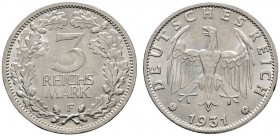 Deutsche Münzen und Medaillen ab 1871 
 Weimarer Republik 
 3 Reichsmark 1931 F. Kursmünze. J. 349.
 winzige Kratzer, vorzüglich-prägefrisch