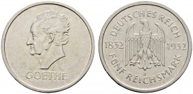 Deutsche Münzen und Medaillen ab 1871 
 Weimarer Republik 
 5 Reichsmark 1932 J. Goethe. J. 351.
 winzige Kratzer, fast vorzüglich