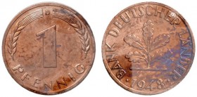 Deutsche Münzen und Medaillen ab 1871 
 Bank Deutscher Länder 
 1 Pfennig 1948 D. J. 376. Auflage: nur 250 Exemplare
 leicht fleckig, Polierte Plat...