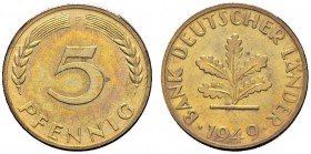 Deutsche Münzen und Medaillen ab 1871 
 Bank Deutscher Länder 
 5 Pfennig 1949 F. J. 377. Auflage: nur 250 Exemplare
 Polierte Platte
