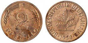 Deutsche Münzen und Medaillen ab 1871 
 Bundesrepublik Deutschland 
 2 Pfennig 1950 J. J. 381. Auflage: nur 250 Exemplare
 Polierte Platte